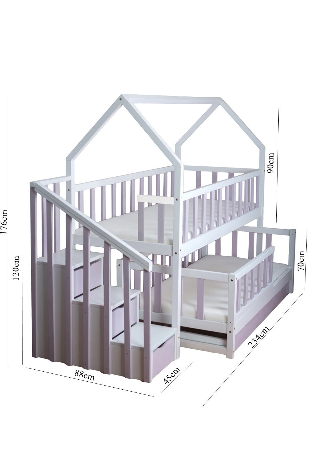 Lit Gigogne cabane 2 enfants 80x180cm et 80x160cm