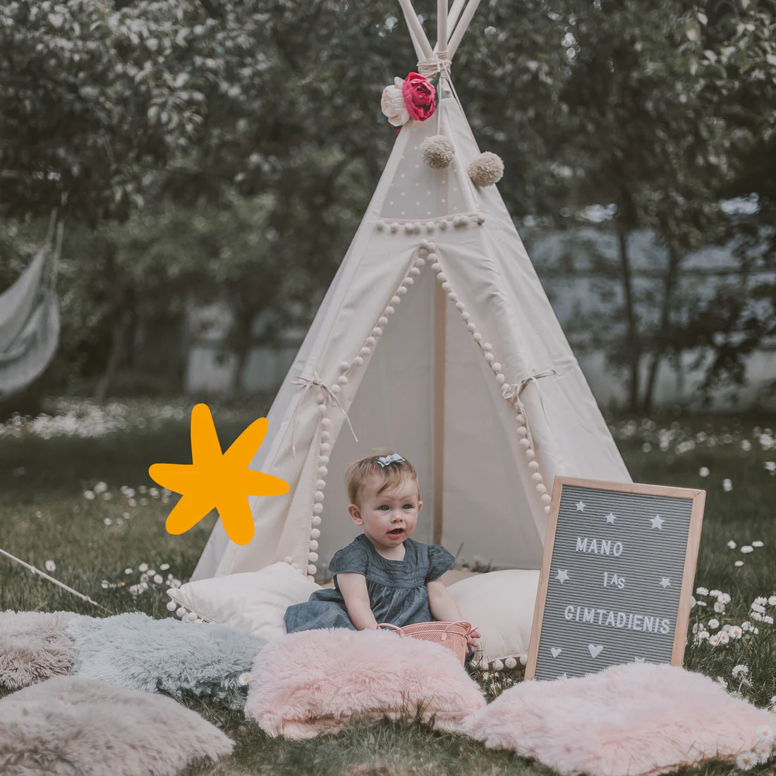 Tipi infantil con esterilla, dispositivo de fijación y guirnalda 120Lx120lx150H