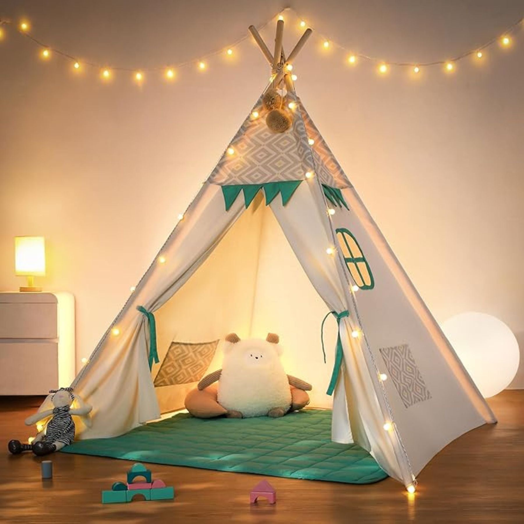 Tipi enfant avec tapis, fixateur et guirlande 120Lx120lx150H